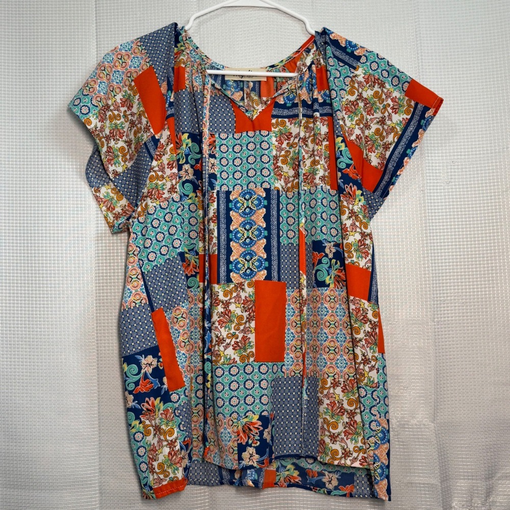 Haptics Patchwork Blouse Large Multicolor Floral Geometric Tie Neck Top